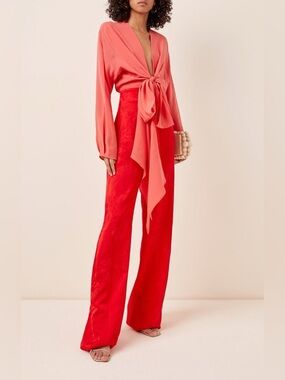 Silvia TCHERASSI Women's Coral Tie-Front Blouse & Red Wide-Leg Pants Set